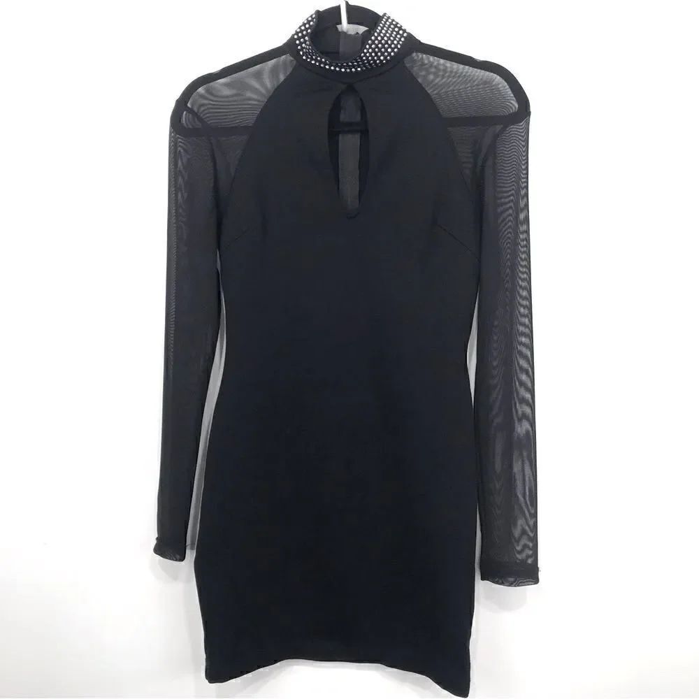 Windsor Black Sparkle Collar Sexy Semi Sheer Long Sleeve Mini Party Dress
